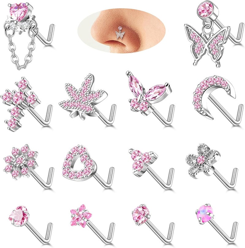 Drperfect Gold Silver Nose Rings Nose Studs for Women Nose Piercings 20G L Shaped Corkscrew Dangle Nose Rings Studs Simulated Diamond Pink CZ Opal Dangling Dangly Hanging Nose Piercing Jewelry with Heart Star Butterfly Flower Cross Moon Charm Cute Dainty Nose Jewelry - Image 1